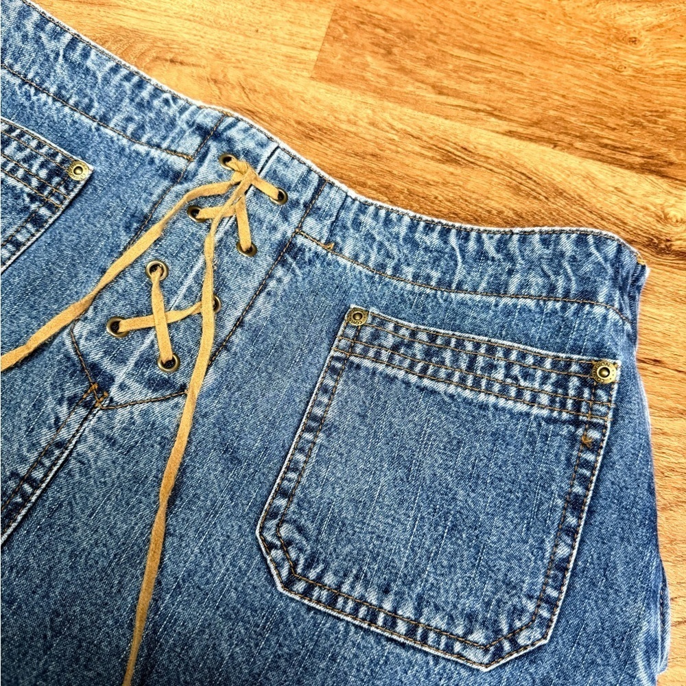Vintage Y2K Covington Denim Leather Lace Up Knee Length Front Slit Skirt -14- - Picture 5 of 6